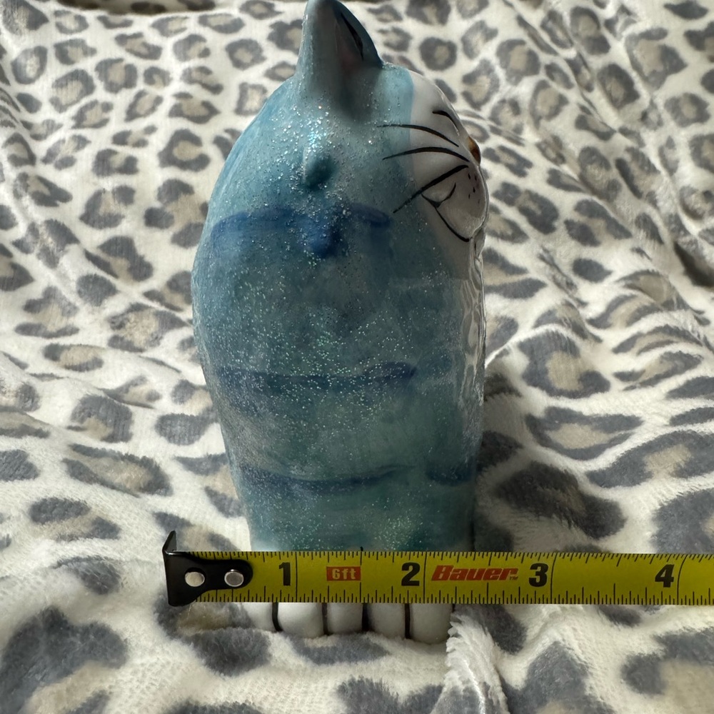Blue Cat Figurine with Colorful Fish piggy bank missing plug - Picture 5 of 8